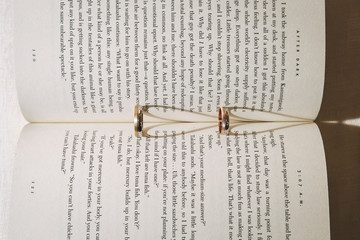 Wedding rings on book and hearts