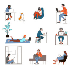 People working on computer and home and in office colorful line icons isolated vector illustration