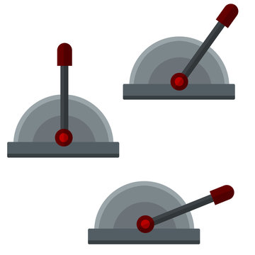 Lever to increase the speed of the mechanism. The control of the car. Automatic technology. Set of red levers in several positions-basic, small, medium, maximum. Cartoon flat illustration