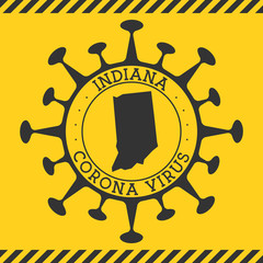 Corona virus in Indiana sign. Round badge with shape of virus and Indiana map. Yellow us state epidemy lock down stamp. Vector illustration.