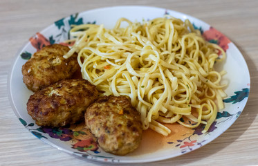 Ready meal. Ready-made food. Dish. Pasta with meatballs