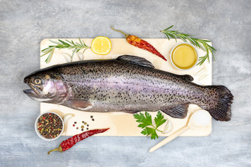 fresh trout with spices and seasonings on gray background