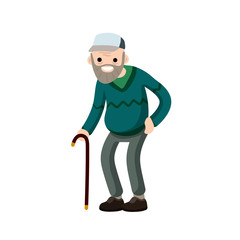 Funny old man with cane. Senior and Active Lifestyle, recreation grandfather. Cartoon flat illustration.
