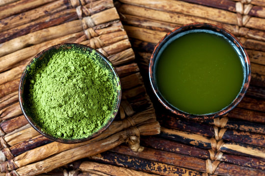 Organic green matcha tea in  bowl