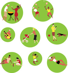 Round flat circular illustrations of people participating in recreational activities, EPS 8 vector