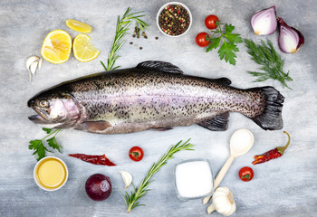fresh trout with spices and seasonings top view, flat lay