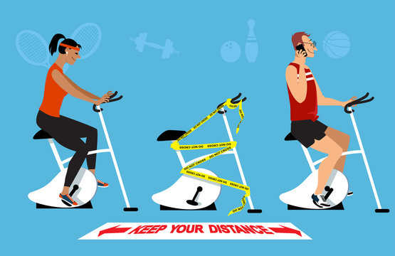People working out in a gym following post lockdown safety protocol of physical distancing and hygiene, EPS 8 vector illustration