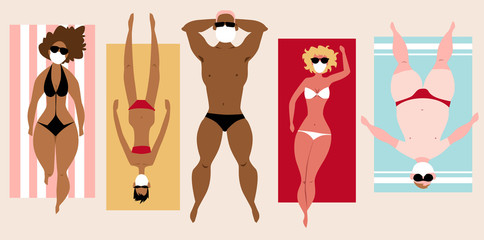 People in swimsuits lying on the beach, wearing facing medical masks to prevent virus spreading, EPS 8 vector illustration