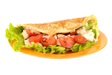 Pancake made from oatmeal, oiled with yogurt and stuffed with chicken fillet, lettuce and tomato.