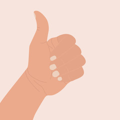 Hand shows thumb up. Symbol of praise, approval, feedback, good work. Icon of a hand with bent fingers and a raised thumb. Flat vector illustration in cartoon style. Gesture cool, well done, success