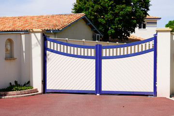 white and blue modern home door aluminum gate portal of suburb house