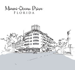 Drawing sketch illustration of Ocean Drive, Miami