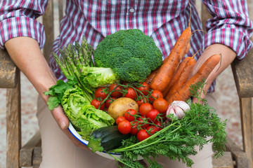 Assortment or farmer market bio organic ripe vegetables in hands
