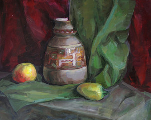Strange still life with a pepper and an apple, oil painting