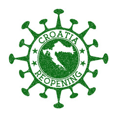 Croatia Reopening Stamp. Green round badge of country with map of Croatia. Country opening after lockdown. Vector illustration.