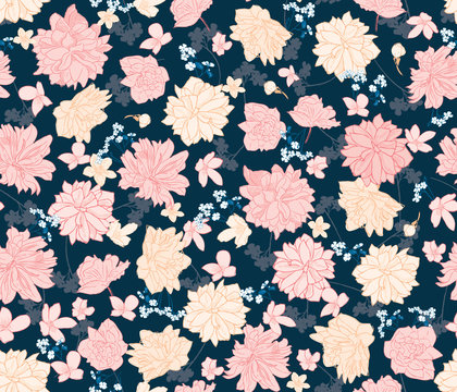 Vector pastel colors botanical seamless pattern on dark blue background, pink and yellow begony flowers backdrop for invitations, posters, web, fabric, cloth and etc.