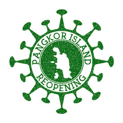Pangkor Island Reopening Stamp. Green round badge of island with map of Pangkor Island. Island opening after lockdown. Vector illustration.