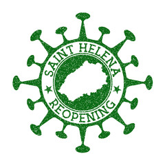 Saint Helena Reopening Stamp. Green round badge of island with map of Saint Helena. Island opening after lockdown. Vector illustration.
