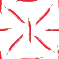 Red hot chilli, seamless pattern on a white background. Pixel Graphics with peppers. Vector illustration.