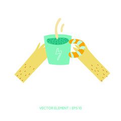 A Cup of coffee in his hands flat illustration. The concept of cheerfulness, business, study. Inscription on the cloud. Energy drink. Sticker for school or business. Isolate. Vector.