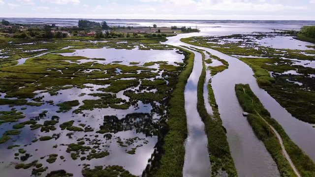 Aerial View of Ribeira do Mourao near the Aveiro Lagoon at Murtosa, Aveiro, Portugal