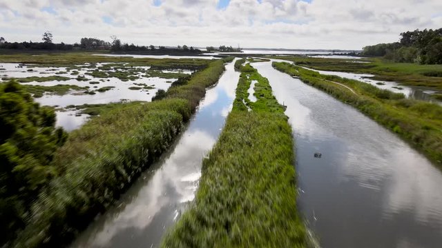 Aerial View of Ribeira do Mourao near the Aveiro Lagoon at Murtosa, Aveiro, Portugal