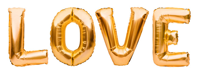 Golden word LOVE made of inflatable balloons isolated on white background. Gold foil balloon letters, concept of romance, Valentine's Day.