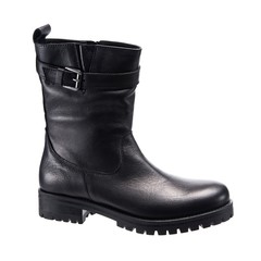 black semi leather female boots, object isolated on white background, clothing accessory