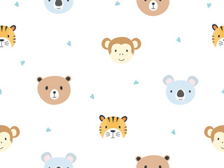 Cute animals seamless pattern background with bear, tiger, monkey and koala vector illustration