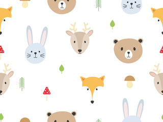 Cute forest animal seamless pattern background with rabbit, fox, bear, deer, mushroom, leaf, tree vector illustration.