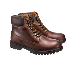 brown work boots with lace protector isolated on white