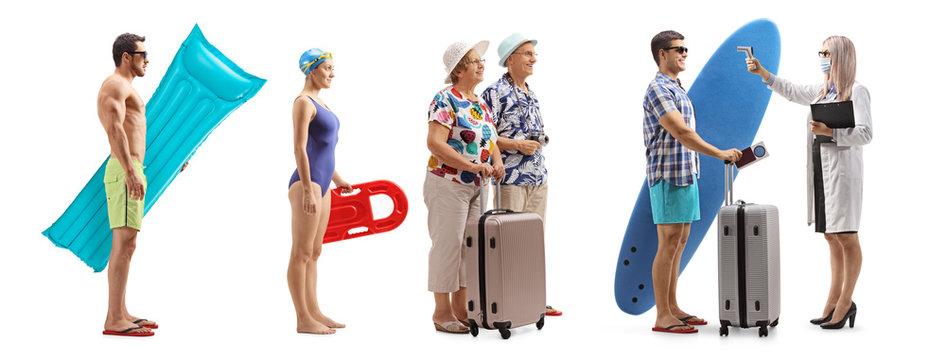 Female doctor with a thermometer measuring temperature to tourists going on a summer vacation