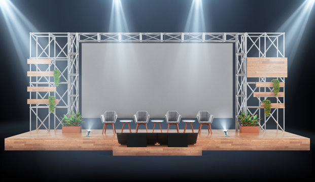 Download Wood And Metal Event Stage With Conference Panel Chairs Industrial Design With Giant Screen 3d Mockup Auditorium Stock Illustration Adobe Stock