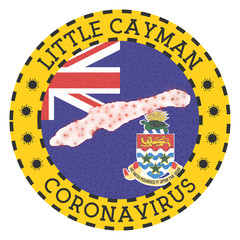 Obraz premium Round badge with shape of Little Cayman. Yellow island lockdown emblem with title and virus signs. Vector illustration.