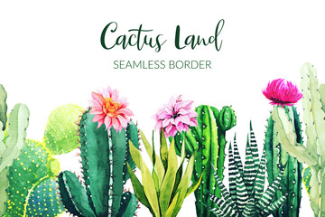 Seamless border composed of watercolor cactus plants