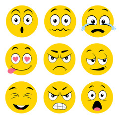Set of yellow different emotion smile faces on white, stock vector illustration