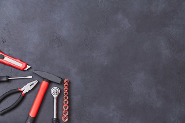 Box cutter hammer and pliers. Building. Construction site. Repair concept. Labor day. Copy space....