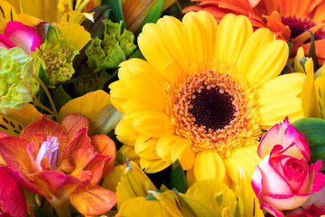 Bright yellow gerbera in a bouquet of flowers. Beautiful bouquet gift for the holiday. Flowering plants as a postcard.