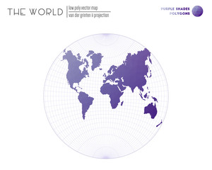 World map with vibrant triangles. Van der Grinten II projection of the world. Purple shades colored polygons. Contemporary vector illustration.