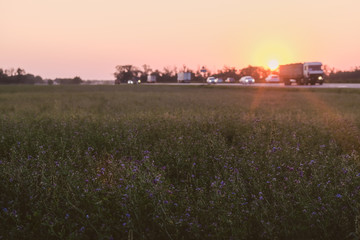 Naklejka premium by road going car at sunset blurred background
