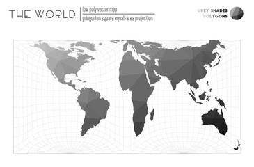 World map in polygonal style. Gringorten square equal-area projection of the world. Grey Shades colored polygons. Modern vector illustration.