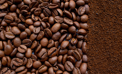 Image of coffee beans and ground instant coffee. Background of coffee beans and coffee powder.