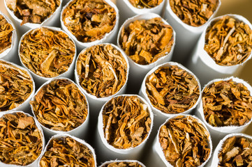 Fototapeta na wymiar A pile, a pile of cigarettes in front of tobacco, a stack as a background texture, close-up, in front.