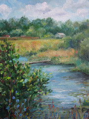 River in summertime, blue river, oil painting