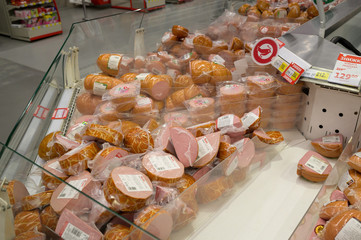 Kiev, Ukraine, February 25, 2020, sausage in the meat department on the shelves in the supermarket