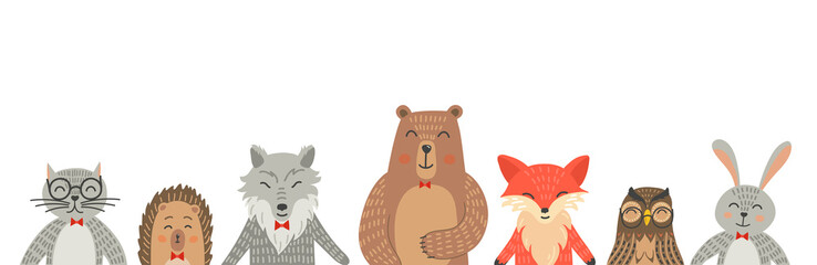 Cute hand-drawn animals set with place for your text. Cat, hare, fox, owl, rabbit, wolf and bear. 