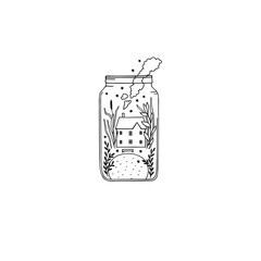 Hand drawn illustration with dream jar, lake house inside the jar. Vector graphic.