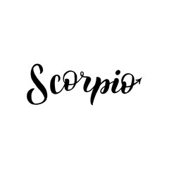 Scorpio zodiac font lettering. Handwritten black typography text. Astrology sign card isolated design. Vector eps 10.