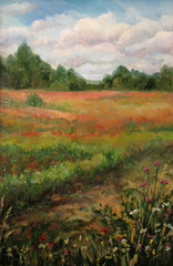 Road in a field, summer view, oil painting