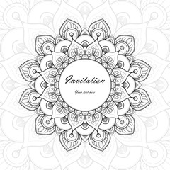Black and white Invitation Card with  mandala ornament. Card template for Wedding invitation or Birthday greeting card. Vector illustration